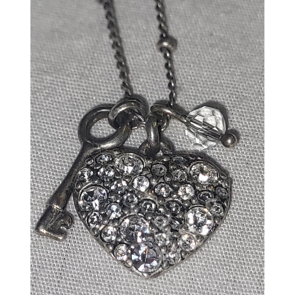 Fossil Necklace Silver Tone Pave Crystal Heart Key Charm Satellite Chain